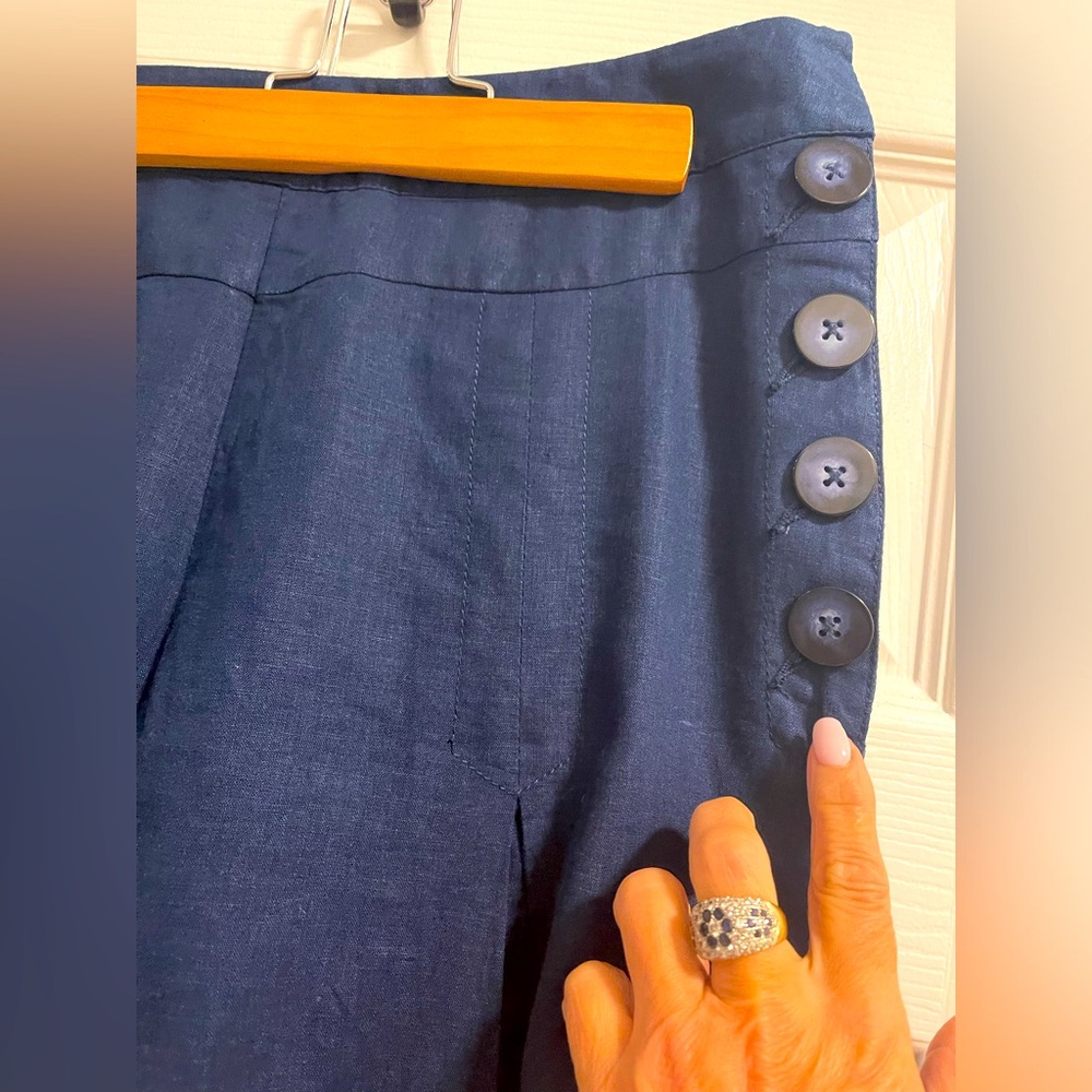 Anthropologie Elevenses High waisted Wide leg linen Pants in dark blue size 6 - Picture 4 of 11